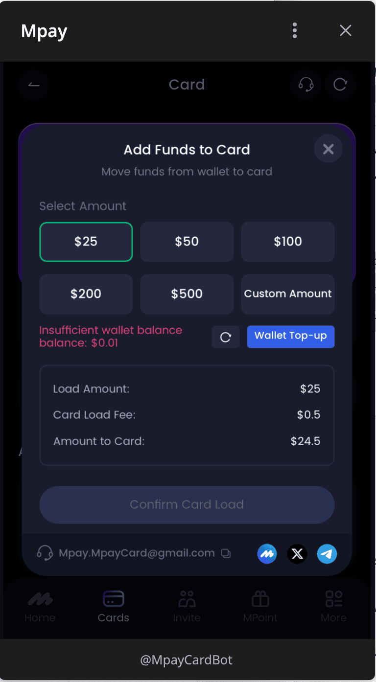 پنجره Add Funds to Card در MPay برای شارژ و انتقال موجودی به ویزا کارت