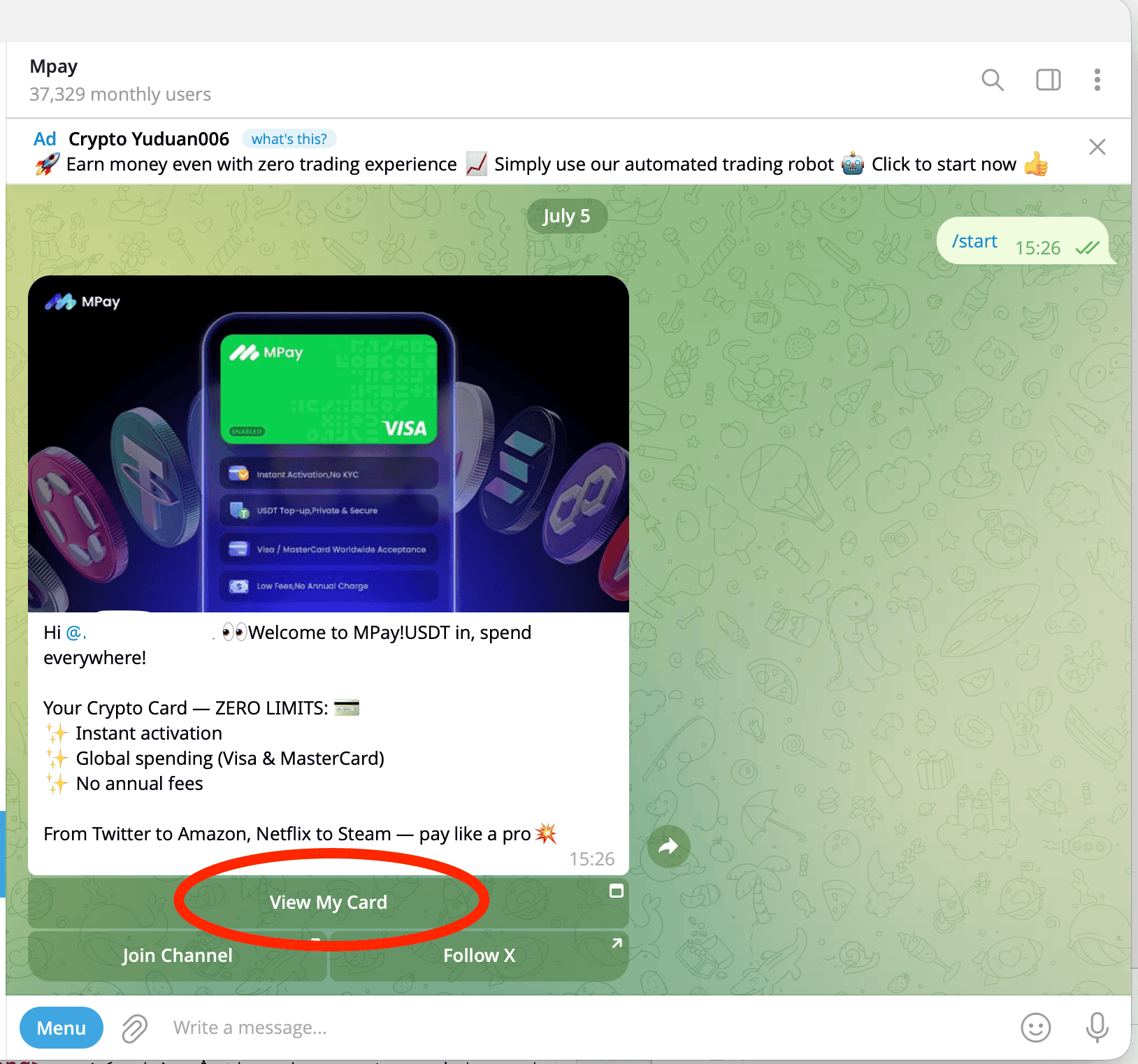 استارت ربات MPay در تلگرام و دکمه View My Card برای باز کردن وب‌اپ