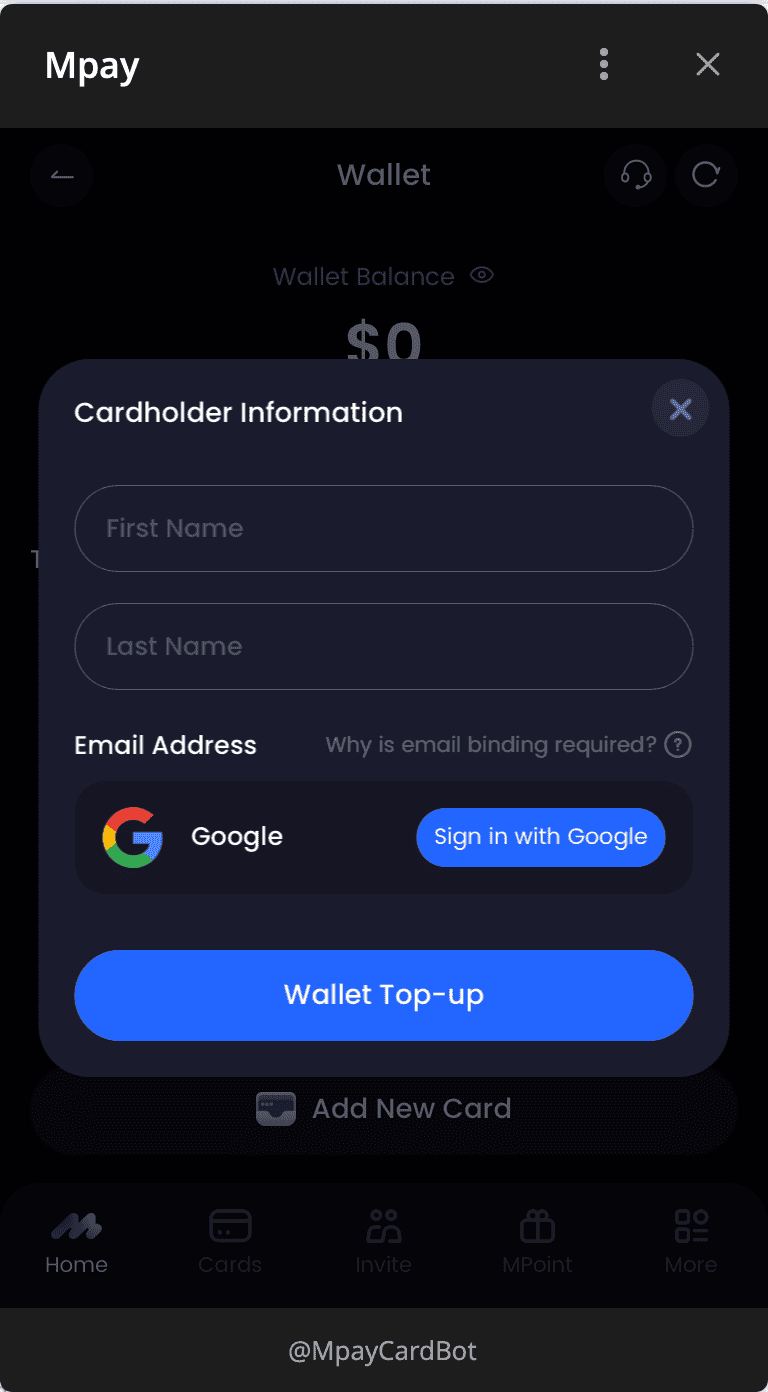 فرم Cardholder Information و دکمه ورود با گوگل در وب‌اپ MPay