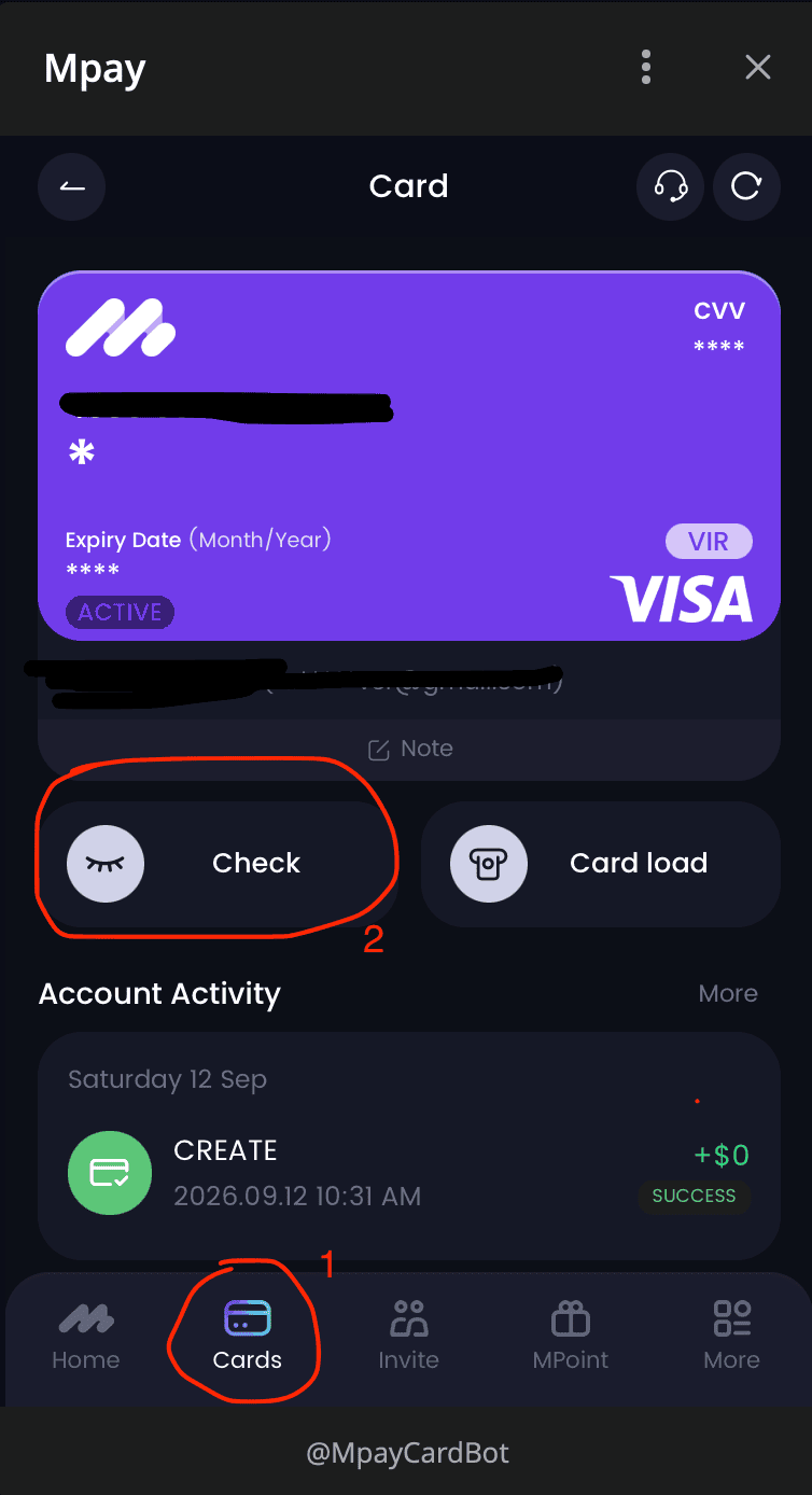 بخش Cards در MPay و گزینههای Check و Card load برای مشاهده اطلاعات کارت
