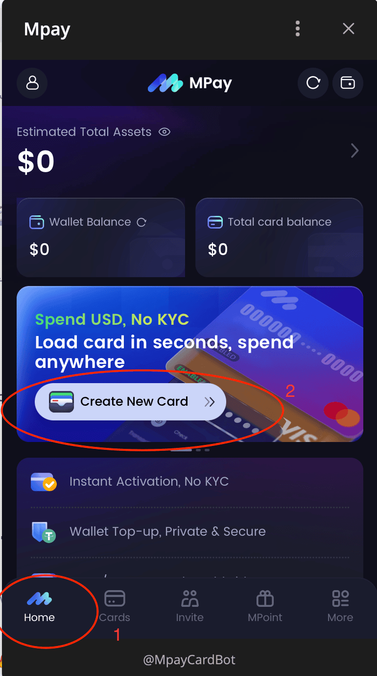 صفحه Home اپ MPay و دکمه Create New Card