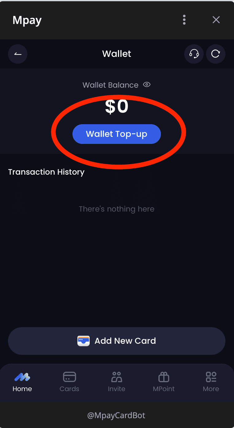 صفحه Wallet در MPay با موجودی صفر دلار و دکمه Wallet Top-up
