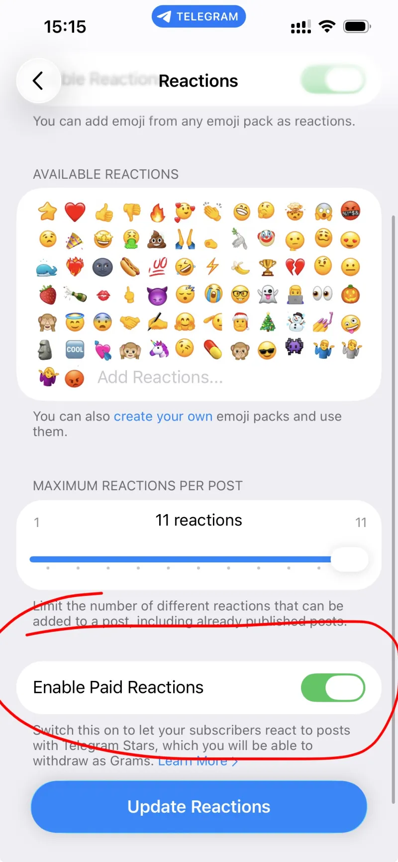 صفحه تنظیمات ری‌اکشن و روشن کردن Paid Reactions در تلگرام