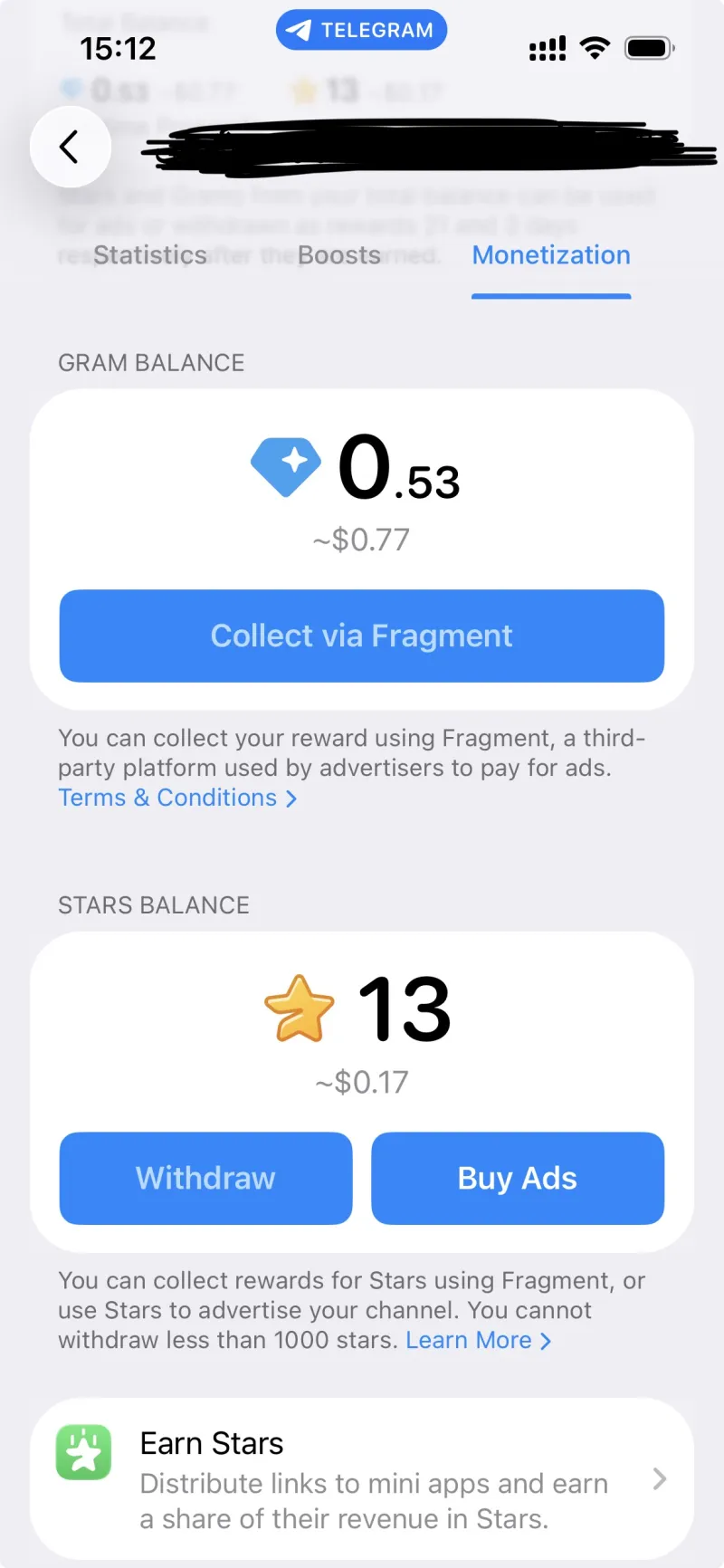 بخش Monetization و نمایش موجودی استارز کانال تلگرام