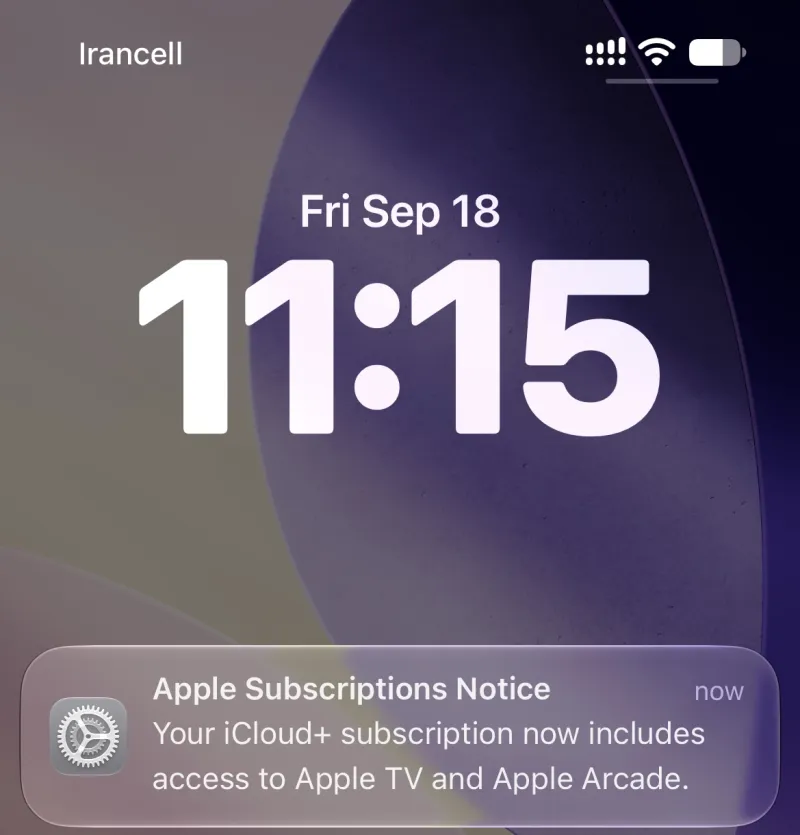 پیام Apple Subscriptions Notice در نوتیفیکیشن آیفون برای آیکلود پلاس
