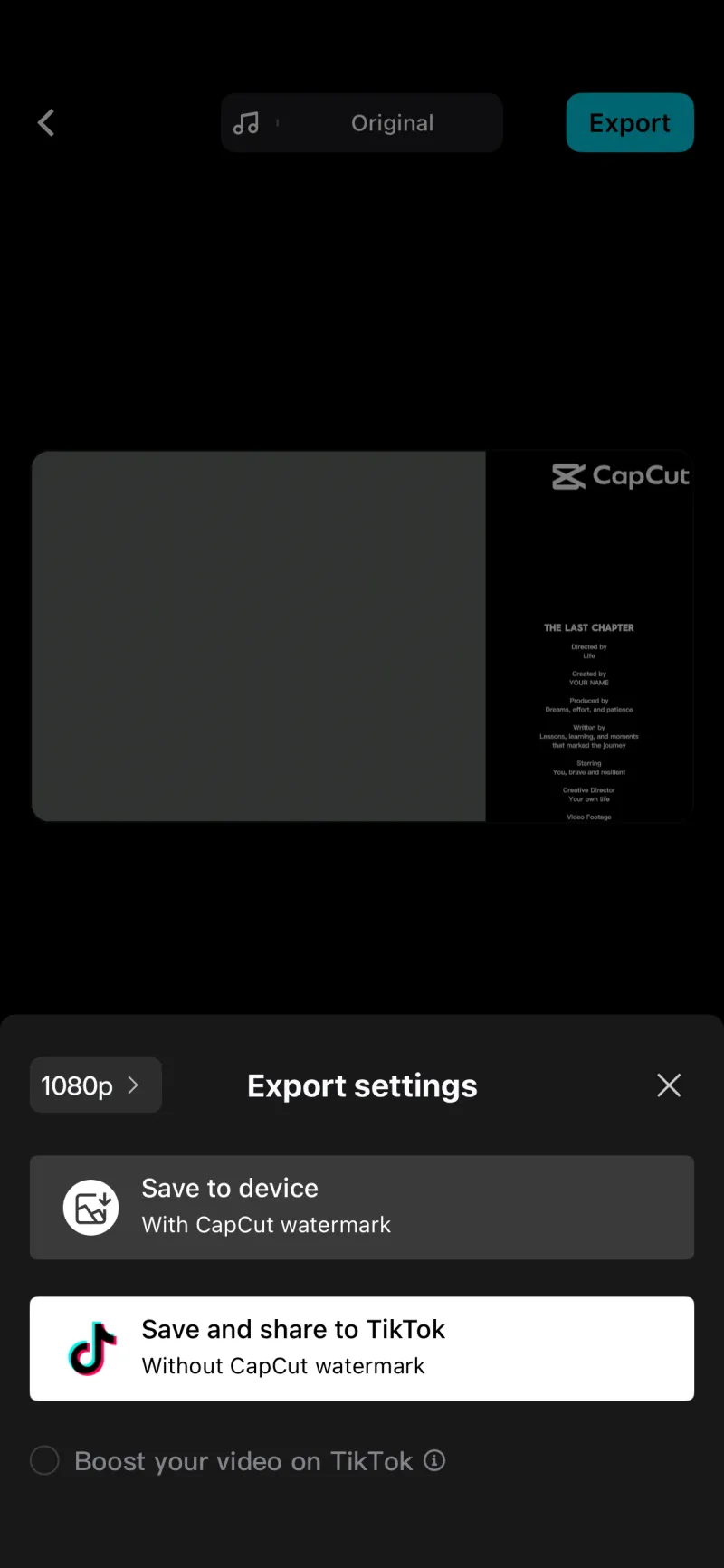 انتخاب گزینه Save and share to TikTok برای حذف واترمارک کپ‌کات